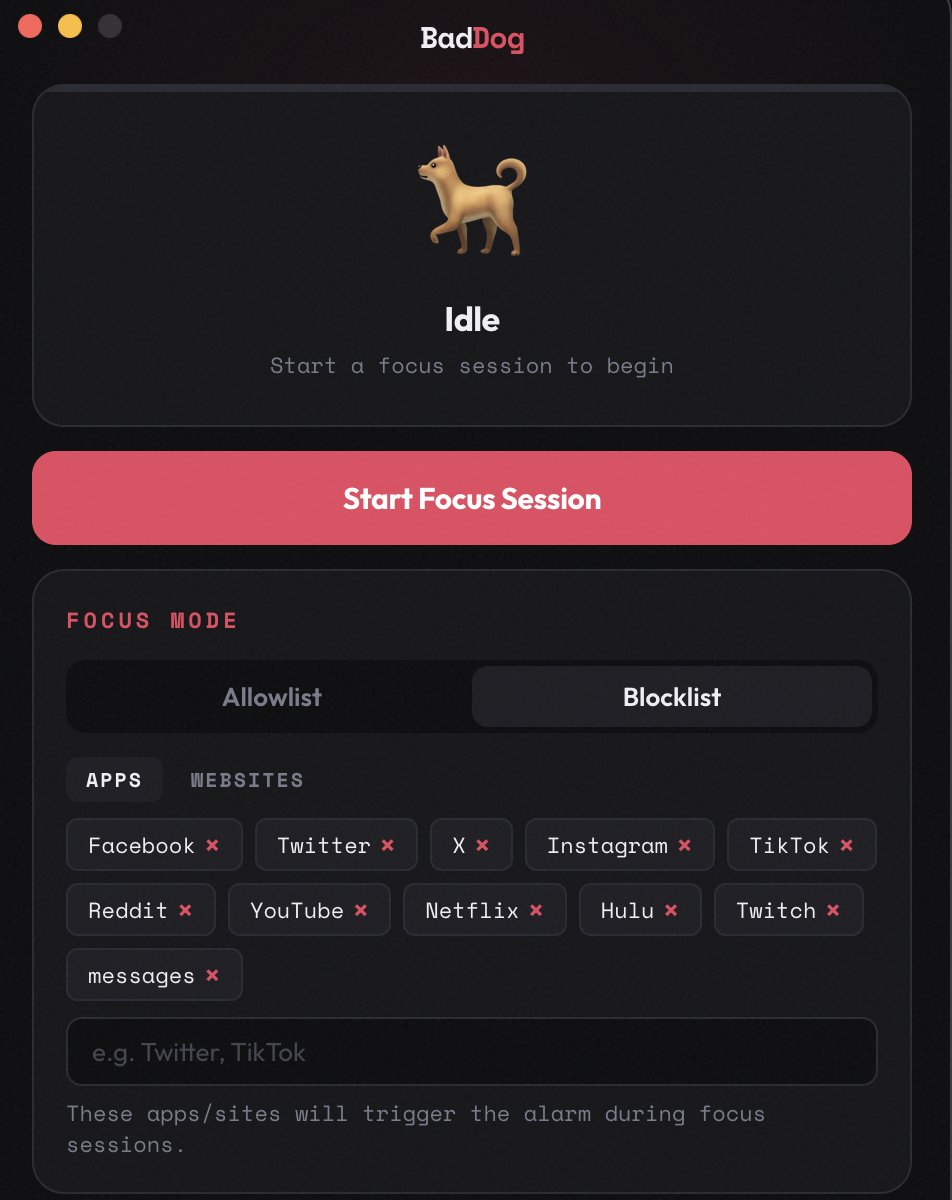 BadDog macOS app showing idle state with blocklist configuration