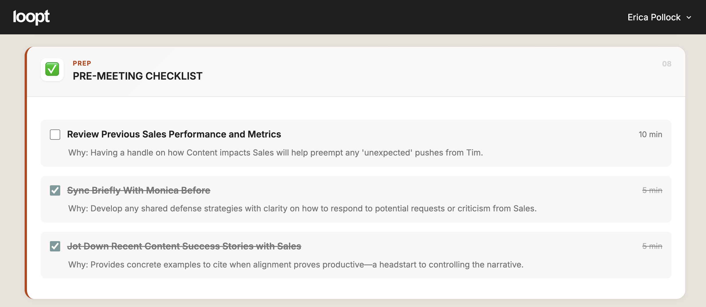 Loopt pre-meeting checklist showing tactical preparation steps with time estimates and strategic reasoning for each